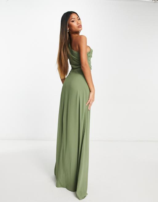 TFNC - Bruidsmeisjes - Maxi jurk van gedrapeerd chiffon met blote schouder in saliegroen, 2 van 4