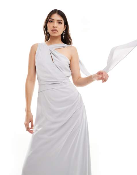 TFNC - Bruidsmeisjes - Maxi jurk van gedrapeerd chiffon met blote schouder in zilver - view 1