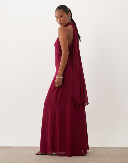 TFNC bruidsmeisjes Petite chiffon halternek gedrapeerde maxi jurk in raspberry, 2 van 4