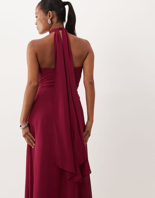 TFNC bruidsmeisjes Petite chiffon halternek gedrapeerde maxi jurk in raspberry, 3 van 4