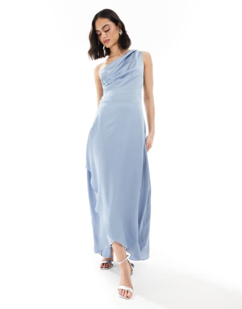 TFNC - Bruidsmeisjes - Satijnen maxi-jurk met blote schouder en rok met overslag in lichtblauw - view 1