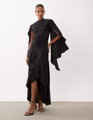 Tfnc Cape Top Satin Maxi Dress With Wrap Skirt In Black