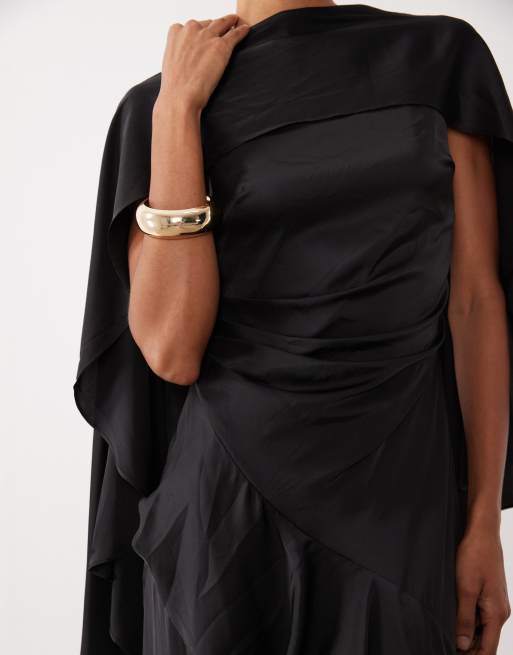TFNC cape top satin maxi dress with wrap skirt in black, 2 of 4