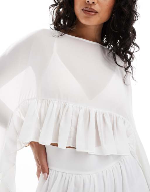 TFNC cape top with ruffle detail in cream co-ord, 4 of 4