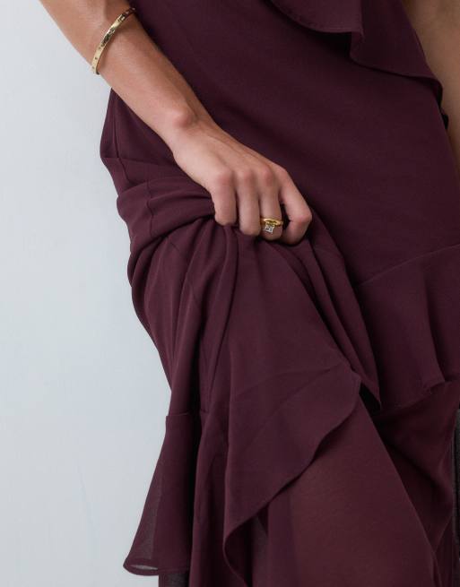 TFNC chiffon asymmetric ruffle detail cami maxi dress in berry, 3 of 5