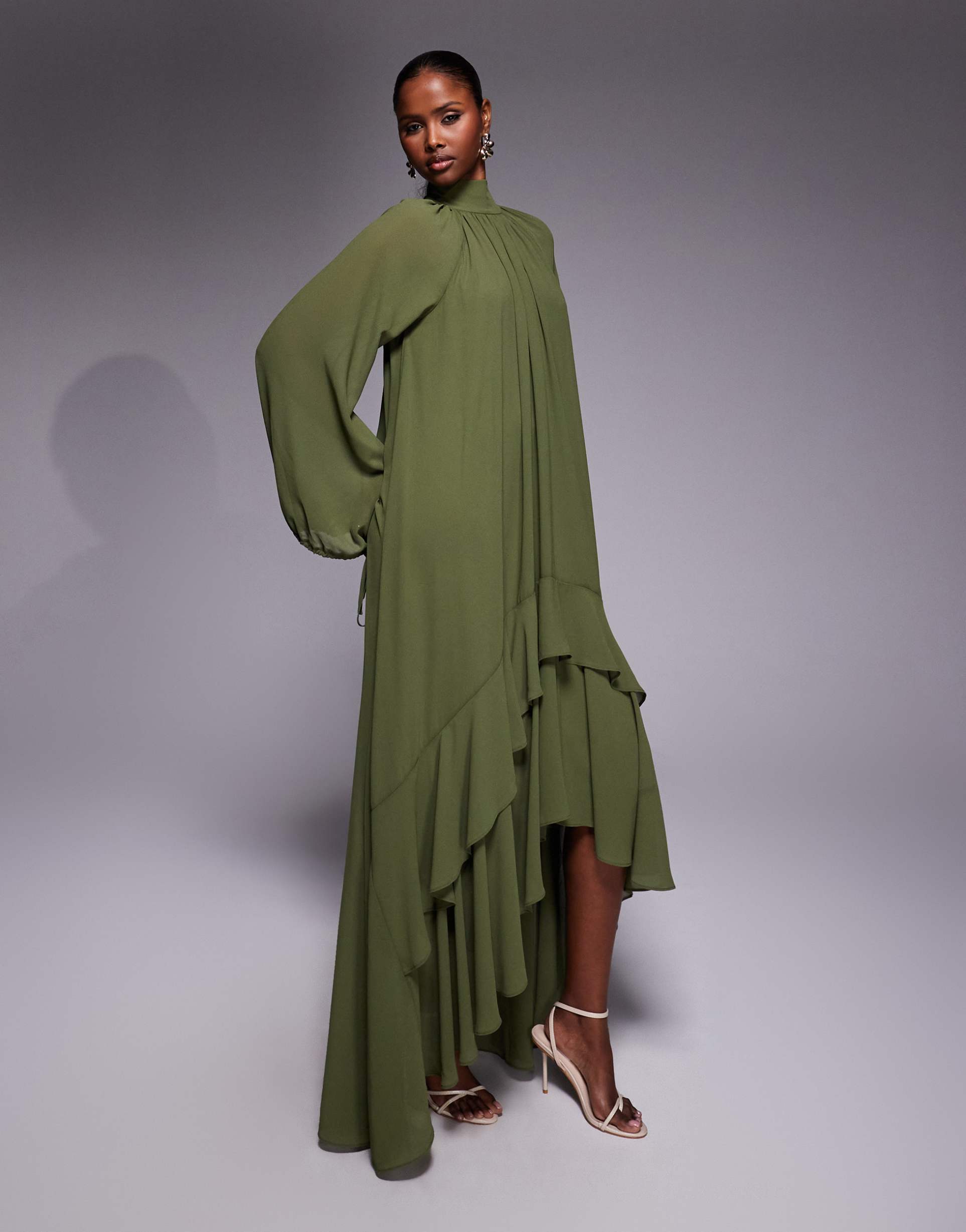 tfnc chiffon balloon sleeve ruffle high low hem maxi dress in khaki