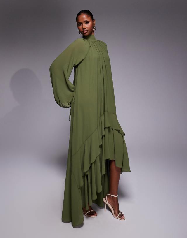 TFNC chiffon balloon sleeve ruffle high low hem maxi dress in