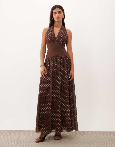 TFNC chiffon contrast waistband halter neck maxi dress in chocolate polka dot - view 1