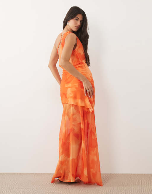 TFNC chiffon cowl neck maxi dress in orange floral print, 4 of 4
