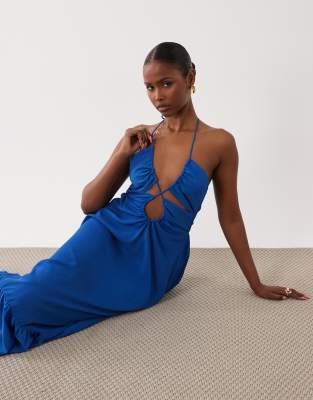 Tfnc Chiffon Cut Out Detail Halter Neck Maxi Dress In Blue