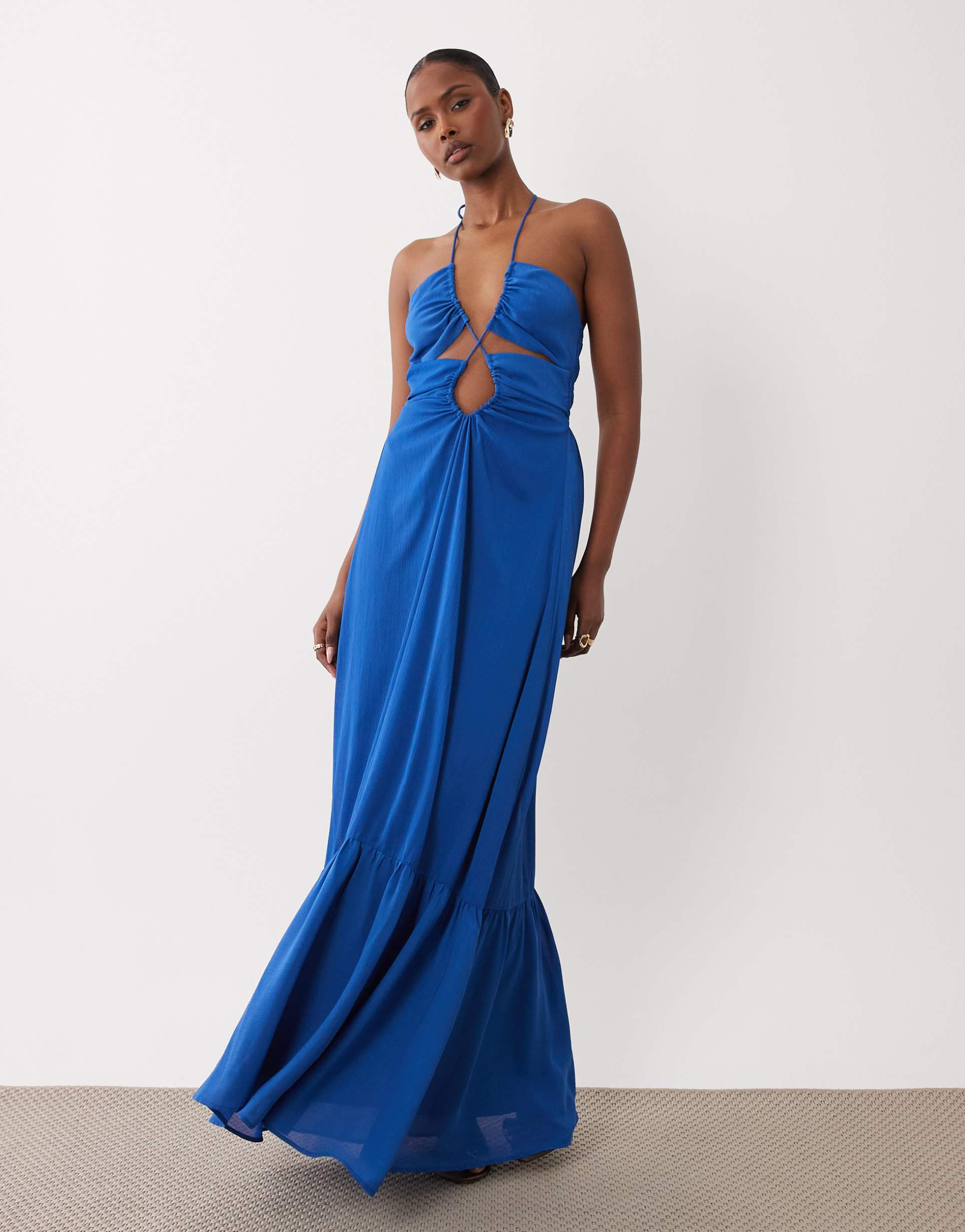 tfnc chiffon cut out detail halter neck maxi dress in cobalt blue