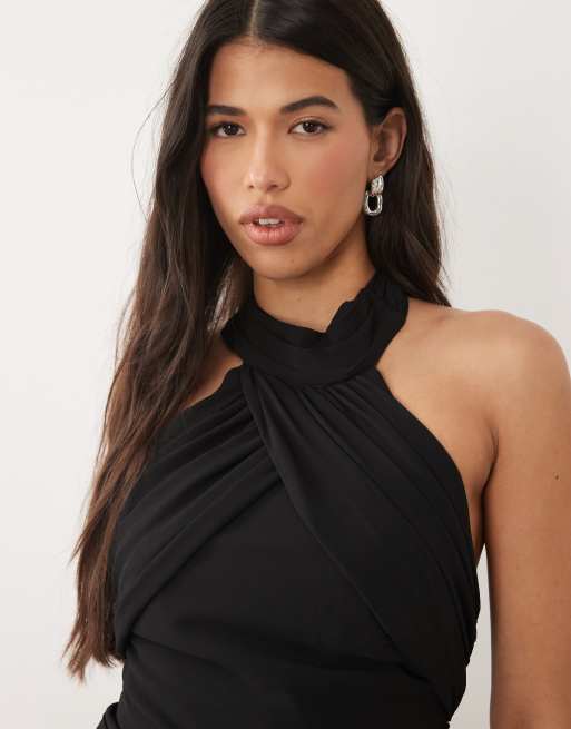 TFNC chiffon halter neck drape maxi dress in black, 4 of 4
