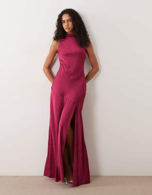 Tfnc Chiffon High Neck Bow Detail Maxi Dress In Pink
