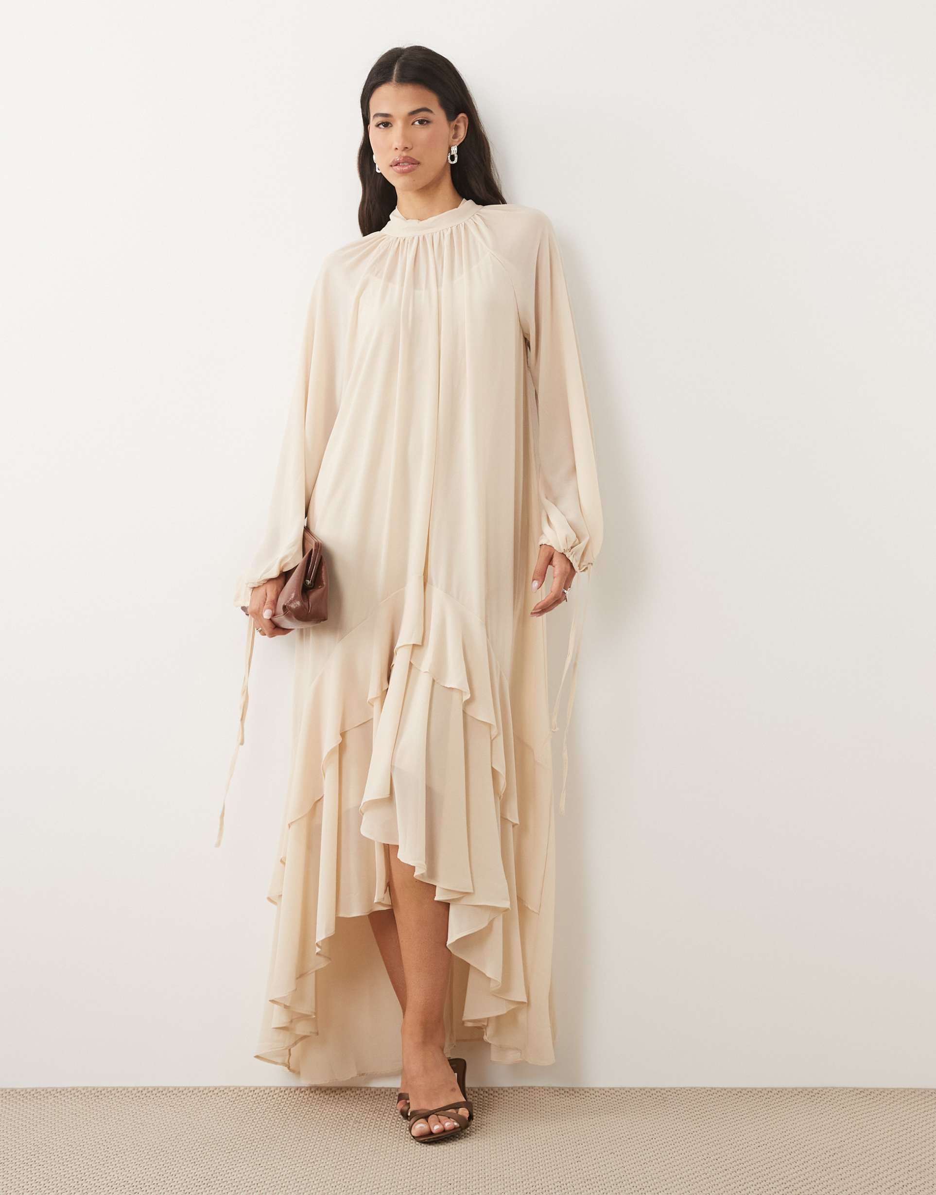tfnc chiffon high neck long sleeve maxi dress with tiered hem in cream