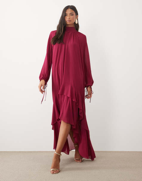TFNC chiffon high neck maxi dress with tiered hem in berry  - view 1