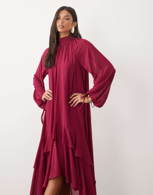 TFNC chiffon high neck maxi dress with tiered hem in berry , 2 of 4