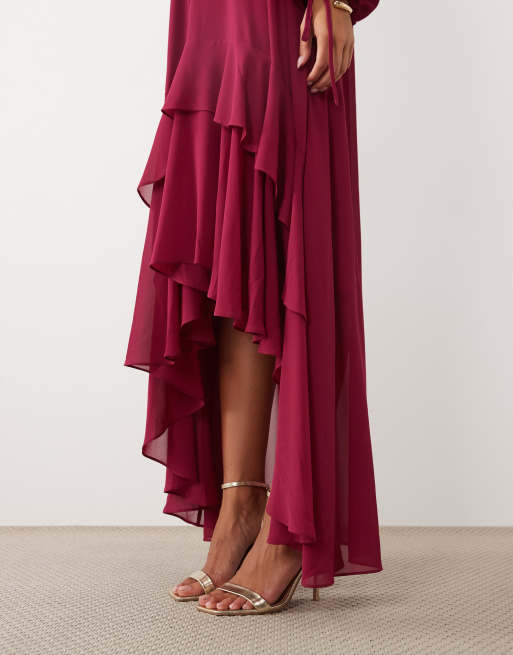 TFNC chiffon high neck maxi dress with tiered hem in berry , 3 of 4