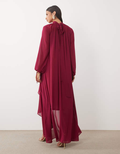 TFNC chiffon high neck maxi dress with tiered hem in berry , 4 of 4