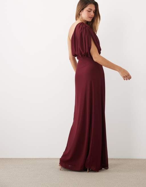 TFNC chiffon jurk met blote schouder en drapering maxi in bordeauxrood, 4 van 4