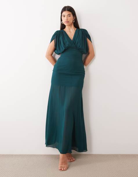 TFNC chiffon jurk met diepe halslijn, aangerimpelde taille, doorschijnende asymmetrische zoom, maxi, donker teal - view 1