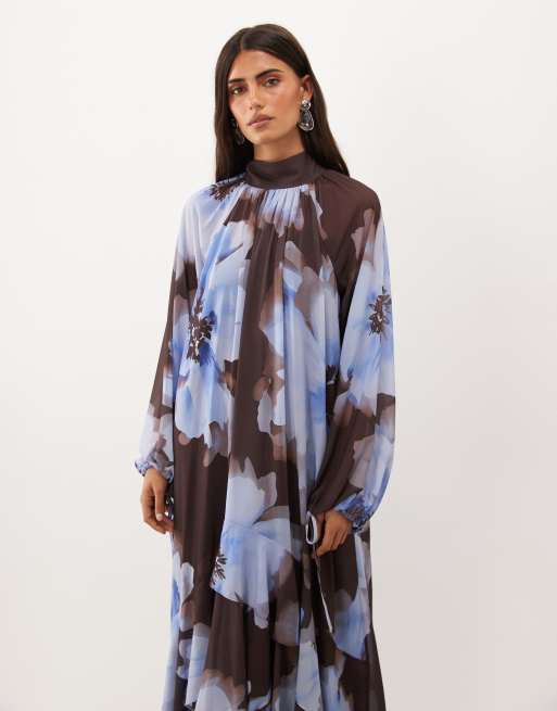 TFNC chiffon maxi dress with tiered hem in blue floral print, 2 of 4