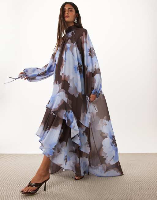 TFNC chiffon maxi dress with tiered hem in blue floral print, 3 of 4