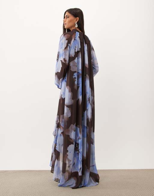 TFNC chiffon maxi dress with tiered hem in blue floral print, 4 of 4