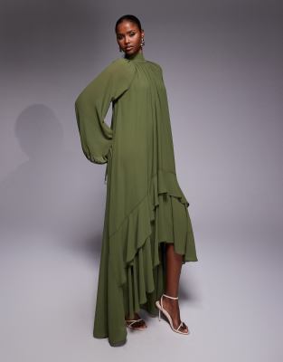 TFNC - Chiffon-Maxikleid in Khaki mit Ballonärmeln, Rüschen und nach hinten abfallendem Saum-Grün