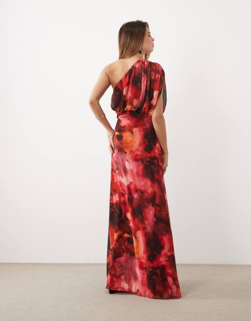 TFNC chiffon one shoulder draperet maxikjole med rødt blomsterprint, 3 af 4