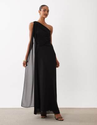 Tfnc Chiffon One Shoulder Twist Waist Draped Maxi Dress In Black