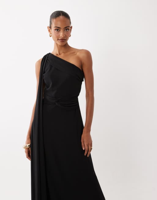 TFNC chiffon one shoulder twist waist draped maxi dress in black, 2 of 4