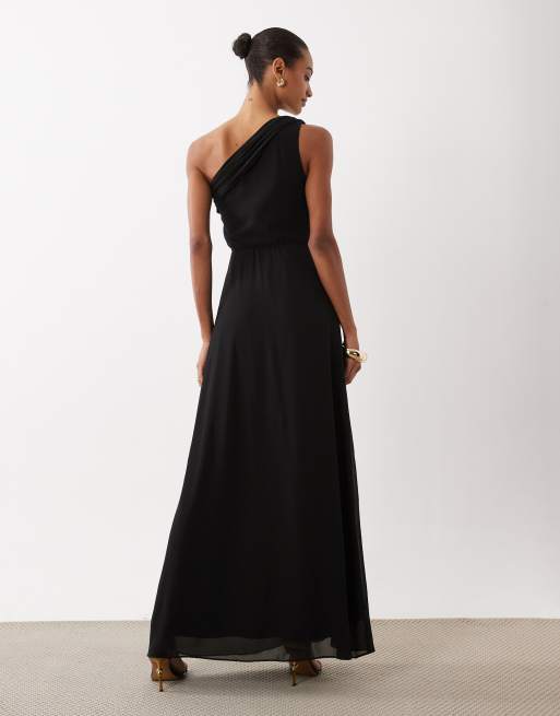 TFNC chiffon one shoulder twist waist draped maxi dress in black, 3 of 4