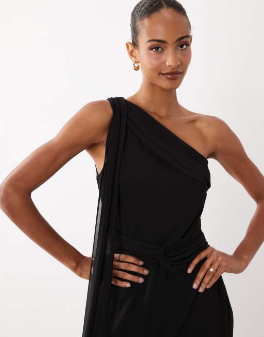 TFNC chiffon one shoulder twist waist draped maxi dress in black, 4 of 4