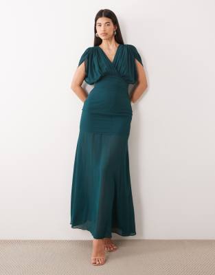 Tfnc Chiffon Plunge Neck Gathered Waist Sheer Drop Hem Maxi Dress In Green