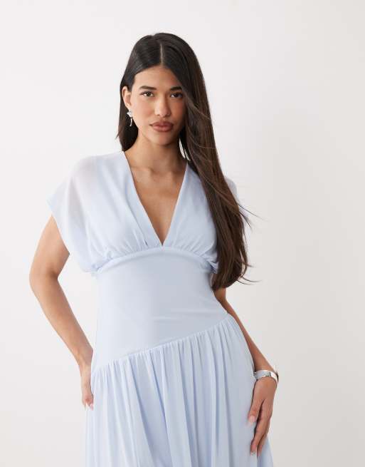 TFNC chiffon v neck and back asymmetric drop waist maxi dress in powder blue, 2 of 4