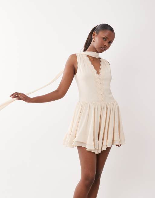 TFNC chiffon v neck lace detail scarf playsuit in cream, 2 of 4