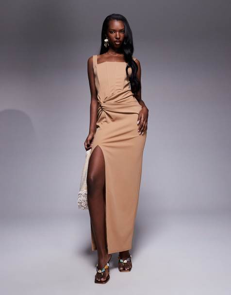TFNC corset midi dress with knot front in mocha - view 1