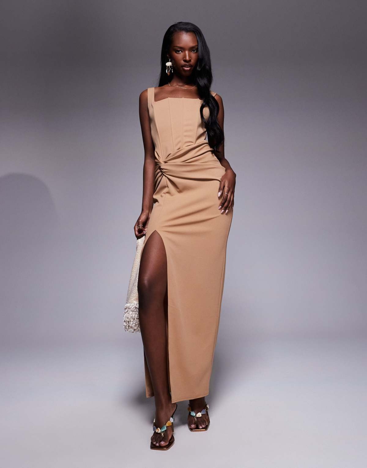 TFNC corset midi dress with knot front in mocha