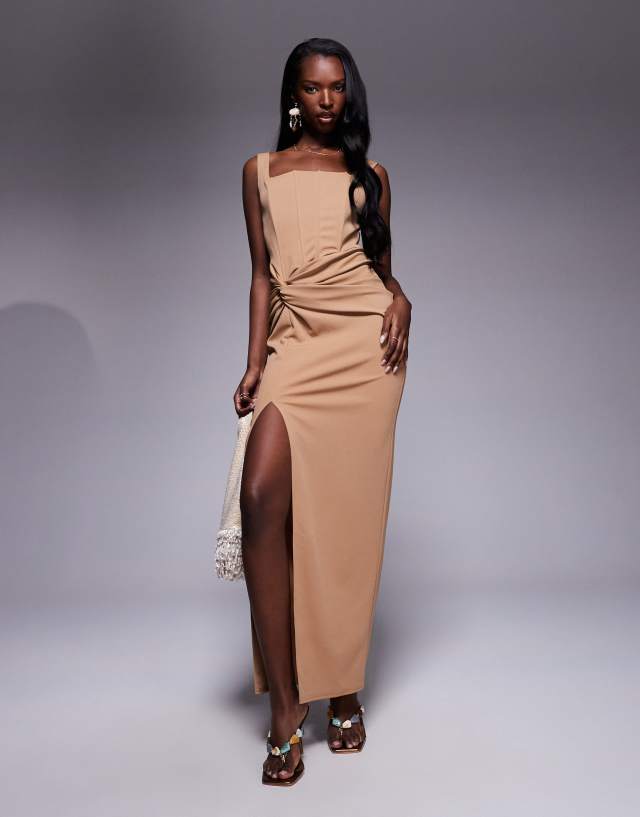 TFNC corset midi dress with knot front in mocha