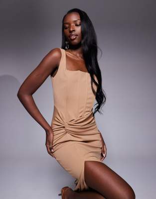Tfnc Corset Midi Dress With Knot Front In Neutral