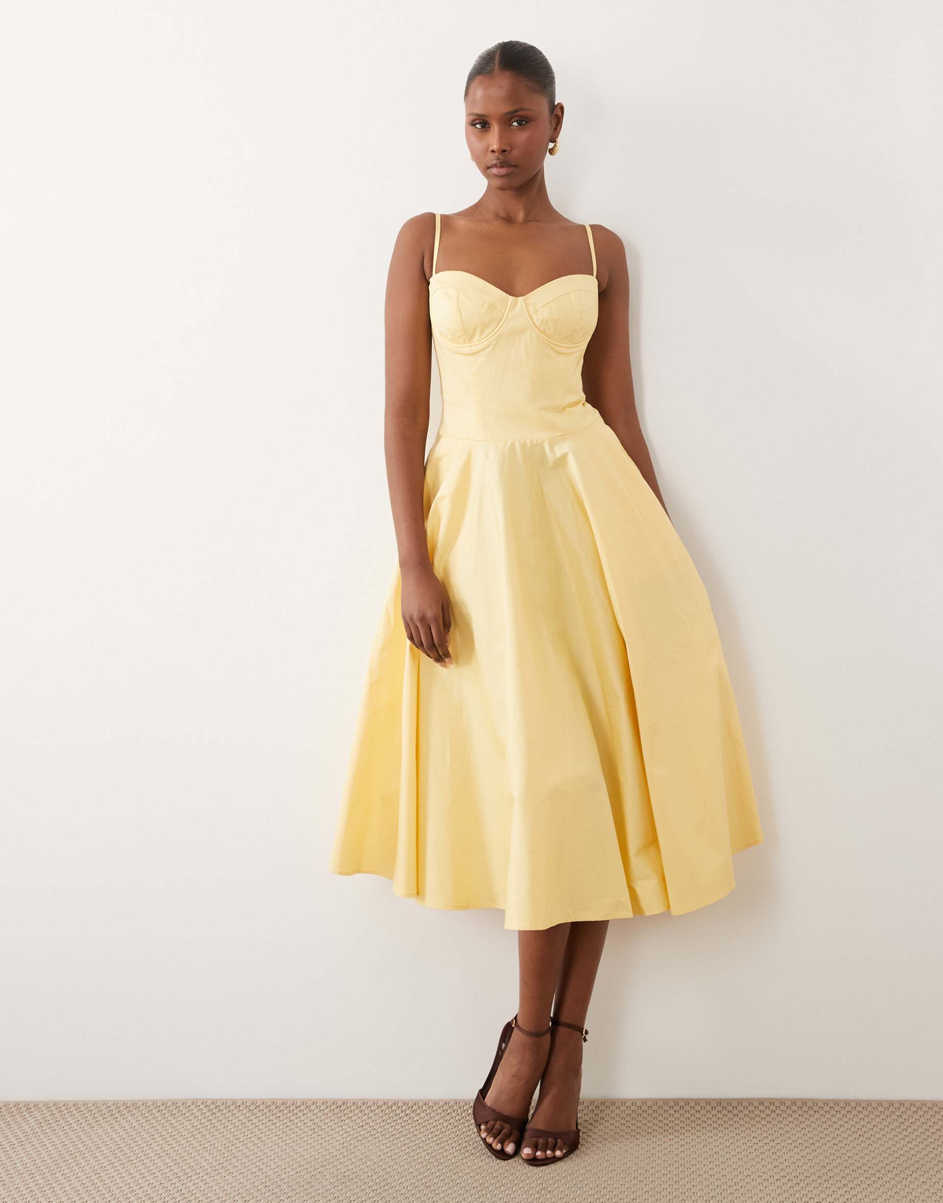 tfnc cotton cami cup detail full skirt midi dress in lemon