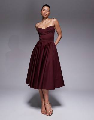 TFNC cotton cami cup detailing full skirted midi dress in burgundy-Purple