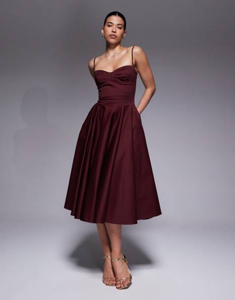 TFNC cotton cami cup detailing full skirted midi dress in burgundy - view 1