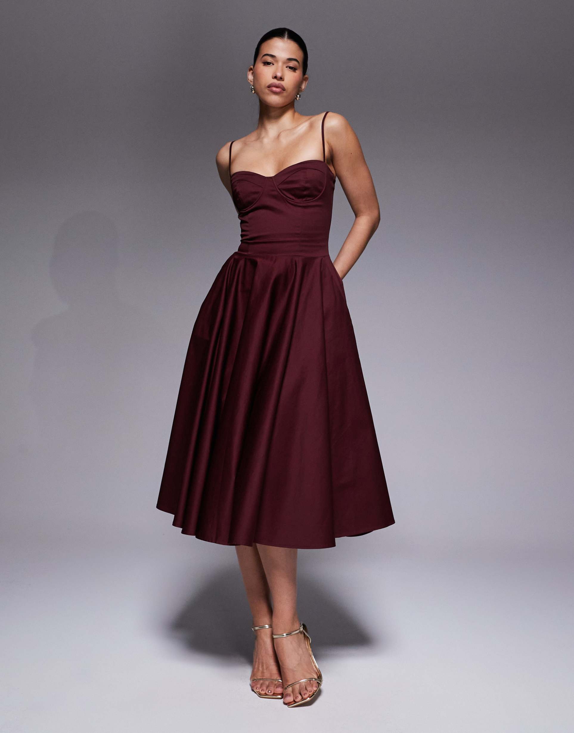 tfnc cotton cami cup detailing full skirted midi dress in burgundy