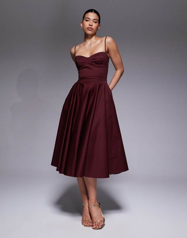 burgundy flossie midi dress TFNC cotton cami cup detailing full skirted in Lightweight woven fabric with occasion-Easter occasion-Semi Formal Johnny Was Mertina Embroidered Color:Brown Linen