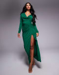 [TFNC] TFNC cowl front embellished maxi dress with thigh split in emerald-Green 12 Emerald