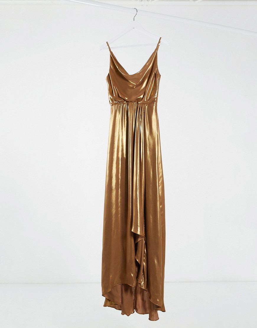 TFNC cowl neck cami strap maxi dress with train in gold