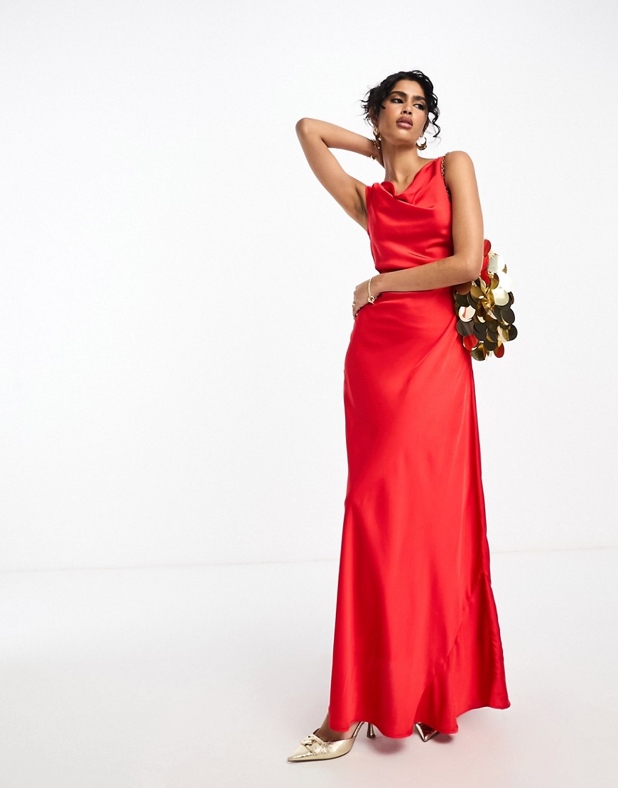 TFNC cowl neck satin maxi dress in red