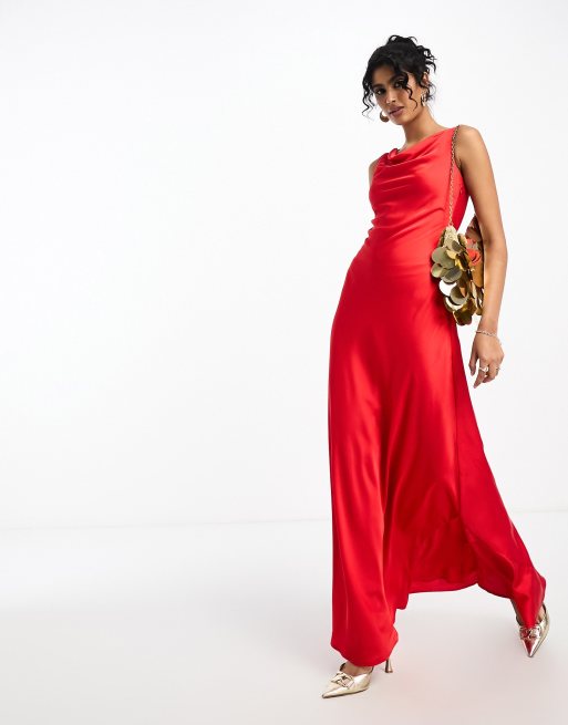 TFNC cowl neck satin maxi dress in red