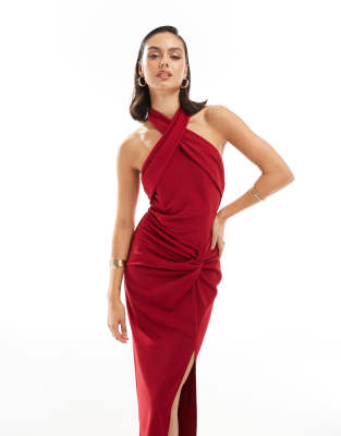 crepe halterneck maxi dress with thigh split in red